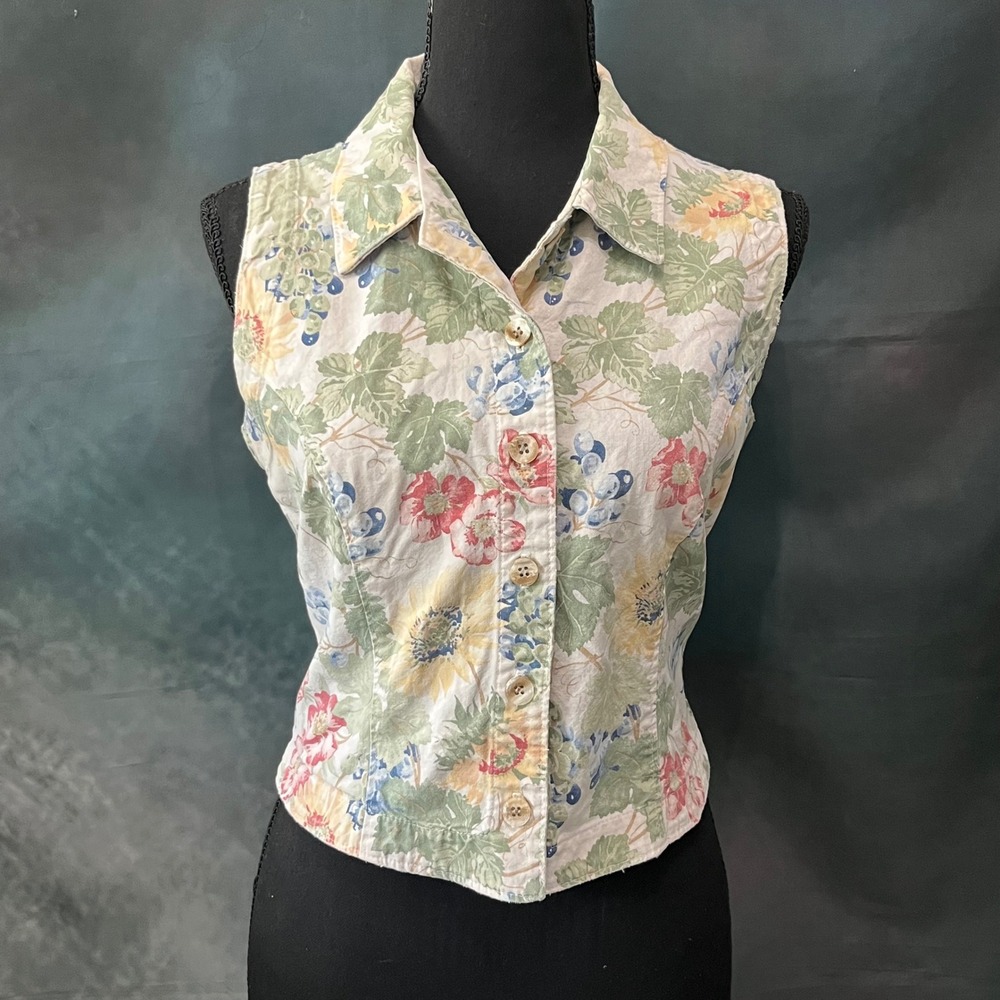 Vintage Orvis Floral Vineyard Button Front Vest Top Made In USA Cottagecore S